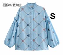 blue vintage ヴィンテージ レトロ 柄 フリル ブラウス トップス Sサイズ レディース★ZARA 好きな方に★2024 S/S 春新作 新品未使用★_画像1