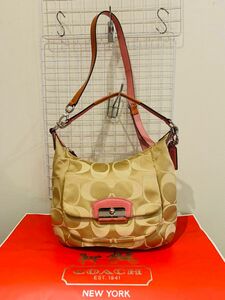 【美品】COACH コーチ シグネチャー 2way ショルダーバッグ　トートバッグ　レザーキャンパス ベージュ系