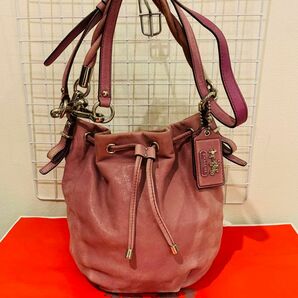 【巾着型】COACH コーチ 2way ショルダーバッグ　トートバッグ　レザー　パープル系　ヴィンテージ　高品質　レトロ感