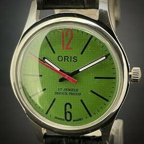 ◆激熱人気◆ 美品 ORIS オリス 1970'S ヴィンテージ 腕時計 メンズ手巻き アンティーク スイス 文字盤グリーン&ドット11の画像2