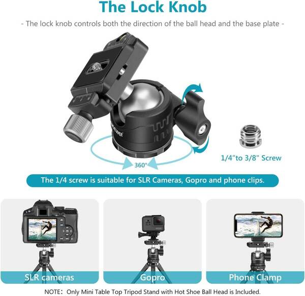 耐久性抜群 コンパクト卓上ミニ三脚 360°薄型ボールヘッド付き 1/4型Arc