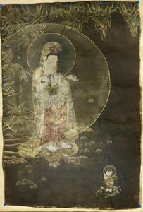 Art hand Auction Buddhist art, Water Moon Kannon/Yoryu Kannon, Genuine gold coloring, Silk, Hand-painted, Rolled up, Search: Goryeo Buddhist painting, Arabesque circle pattern, Buddhist painting, Painting, Japanese painting, person, Bodhisattva