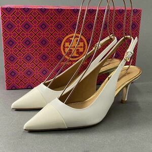 4d16 《極美品》 TORY BURCH トリーバーチ PENELOPE スリングバックパンプス 6 1/2 ホワイト レザー パテント ミュール サンダル