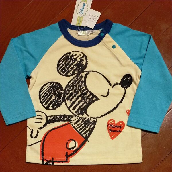 【新品未使用】95cm　Disney　ミッキーマウス　ラグランロングTシャツ 長袖　水色　スナップ　タグ付　男の子　男児