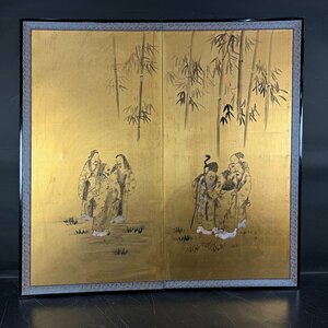 Art hand Auction [Byobuya] 95z3 Shuho, signature, gold base, hand-painted, bamboo forest seven wise men, two-panel folding screen, height approx. 174.5cm, Japanese painting, figure, gold folding screen, Painting, Japanese painting, person, Bodhisattva