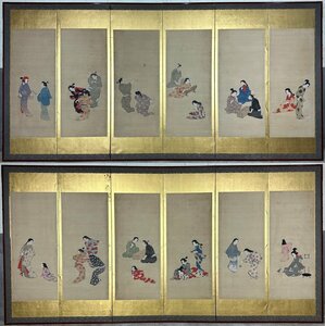 Art hand Auction [Byobaya] 170h Beautiful woman painting folding screen, height approx. 173cm, six-panel set, hand-painted on silk, no signature, people, ukiyo-e, Painting, Japanese painting, person, Bodhisattva