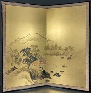 【屏風屋】20b　落款有 金台肉筆 金閣寺の図 二枚折 屏風 高さ 約174cm 絹本 水墨画 京名所 山水図 日本画 金屏風