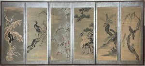 Art hand Auction [Byobaya] 4D Bird and Flower Screen, Height approx. 165cm, Six-panel, Hand-painted on Paper, Eagle, Crane, Peacock, Signature, Japanese Painting, Painting, Japanese painting, Flowers and Birds, Wildlife