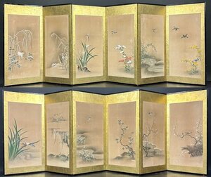 Art hand Auction 【屏風屋】48t 四季花鳥図 小屏風 高さ 約71.5cm 総重量 約3kg 六曲一双 無落款 紙本肉筆 草花図 日本画 雛屏風, 絵画, 日本画, 花鳥, 鳥獣