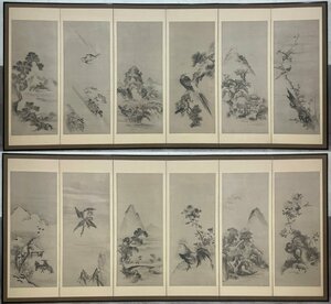 Art hand Auction [Byobaya] 185j Signed Birds and People Folding Screen Height approx. 173cm Total weight approx. 25kg Pair of six-panel screens Hand-painted on paper Flowers and birds People Japanese painting, Painting, Japanese painting, Flowers and Birds, Wildlife