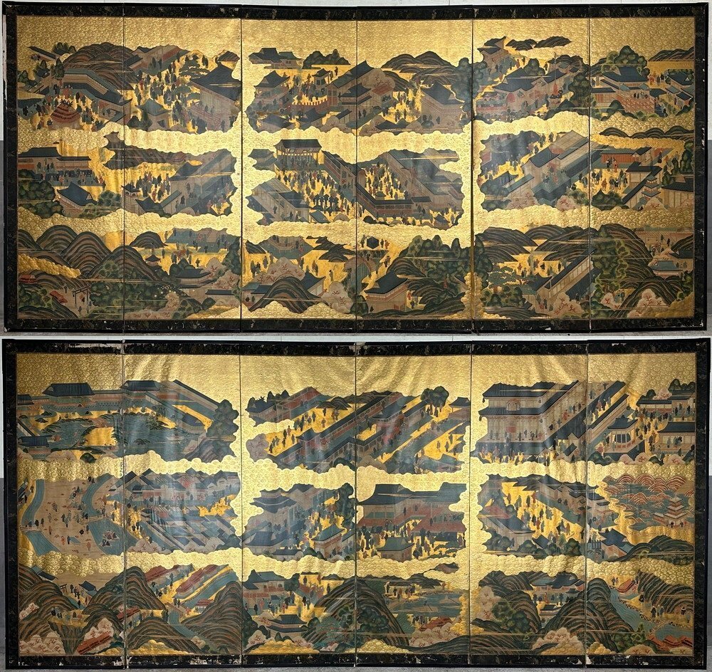 [Byobaya] 169h Kindai handbemalter Rakuchu Rakugaizu-Wandschirm, Höhe ca. 172cm, Sechs-Panel-Paar, keine Unterschrift, Kyoto, berühmter Platz, Schrein, Residenz, Japanische Malerei, Malerei, Japanische Malerei, Landschaft, Wind und Mond