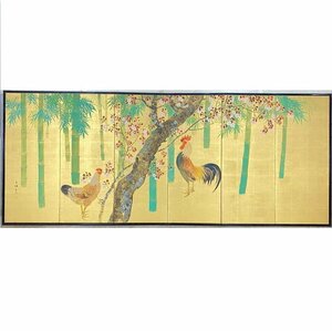 Art hand Auction [Byobaya] 152c Iwata Shukou's painting, Golden chicken on a folding screen, wooden box, height approx. 105cm, total weight approx. 12kg, six-panel half-pair, with signature, golden folding screen, flower and bird painting, Japanese painting, Painting, Japanese painting, Flowers and Birds, Wildlife