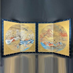 Art hand Auction [Byobaya] 28b 金沙加赏花, 秋叶, 宴会双扇屏风, 对 身高173.5cm, 总重量19.5公斤, 无签名, 纸上手绘, 樱花, 季节性活动, 景观, 人物, 日本画, 绘画, 日本画, 人, 菩萨