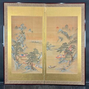 【屏風屋】227L　田中日華 筆 春景色 山水唐人物図 二枚折 屏風 高さ 約179cm 紙本肉筆 人物図 楼閣山水図 四条派