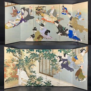 Art hand Auction 【屏風屋】122 雪洲 銘 人物図 屏風 高さ 約173cm 六曲一双 紙本肉筆 男女遊図 美人画 花見 日本画, 絵画, 日本画, 人物, 菩薩