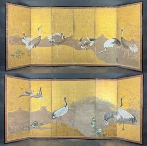 Art hand Auction [屏保屋] 190页, 金色底色上手绘, 鹤群, 屏风, 身高约173厘米, 六片式套装, 无签名, 纸, 花鸟画, 鹤画, 一对鹤画, 鸟类和动物绘画, 金屏风, 金沙, 日本画, 绘画, 日本画, 花鸟, 野生动物