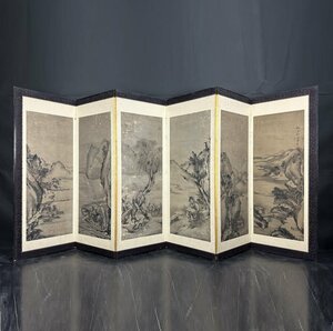 Art hand Auction [Byobaya] 40t Soga Shohaku's painting of a landscape with a tower, folding screen, height 171cm, total weight 14.5kg, six-panel, hand-painted on paper, figure, ink painting, Japanese painting, Painting, Japanese painting, Landscape, Wind and moon