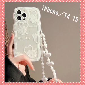 iPhone 14 15 ケース ハート ホワイト ストラップ付き 韓国 可愛い