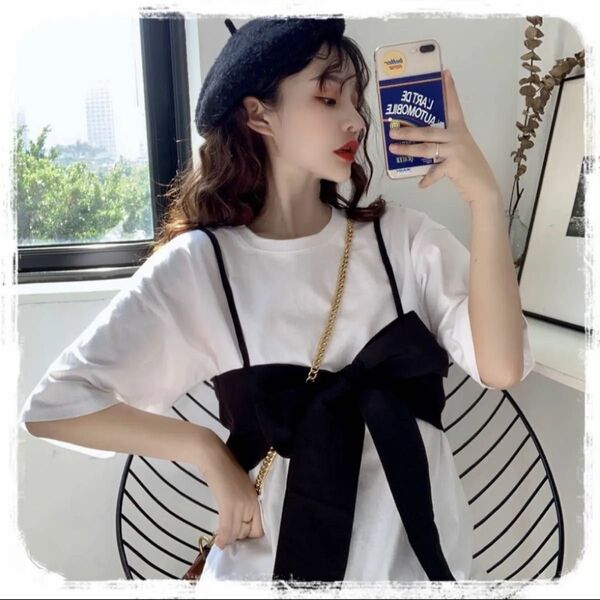 オーバーサイズ チュニック丈 Tシャツ 白 キャミソール 2点セット ビスチェ 黒 リボン トップス レディース 韓国 オルチャン