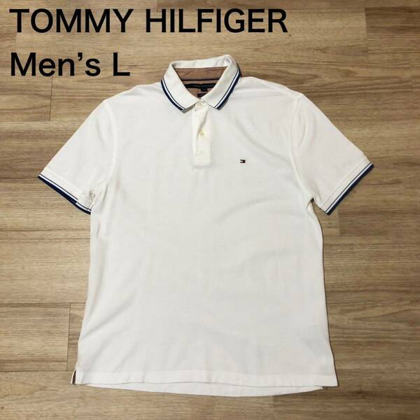 【送料無料】TOMMY HILFIGER半袖ポロシャツ 白×青ライン　メンズLサイズ　トミーヒルフィガー