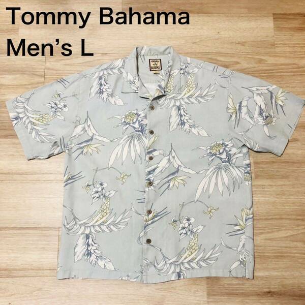 【送料無料】Tommy Bahama シルク100%アロハシャツ花柄総柄　メンズLサイズ　トミーバハマハワイアン半袖シャツ絹