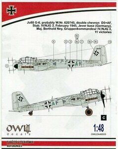 1/48 オウルデカール　Ju 88 G-6 ベルトルト・ネイ少佐機