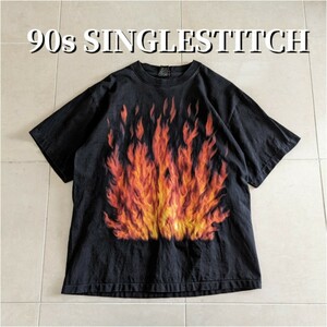 90s ファイヤーパターン　Tシャツ シングルステッチ　ROCKEAGLE　L