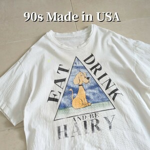 90s DRINK EAT AND BE HAIRY　アニマル　アートワーク　Tシャツ シングルステッチ　XL