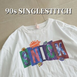 90s ブルガリア製 ニコロデオン SNICK テレビ番組　　Tシャツ シングルステッチ　L ペンキ