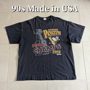 90s USA製 　NHL ピッツバーグペンギンズ　アイスホッケー　Tシャツ シングルステッチ XL フェードブラック