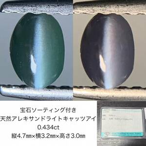 宝石ソーティング付き　 天然 アレキサンドライトキャッツアイ　0.434ct　 縦4.7×横3.2×高さ3.0　 ルース（ 裸石 ）　 1607Y