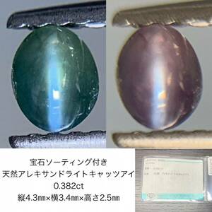 宝石ソーティング付き　 天然 アレキサンドライトキャッツアイ　0.382ct　 縦4.3×横3.4×高さ2.5　 ルース（ 裸石 ）　 1603Y