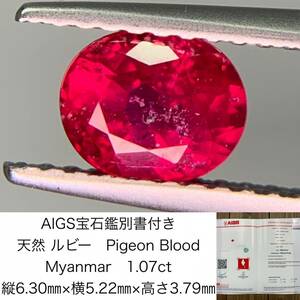 AIGS宝石鑑別書付き　 天然 ルビー　 Pigeon Blood　Myanmar　1.07ct　 縦6.30×横5.22×高さ3.79　 ルース（ 裸石 ）　 1190Y