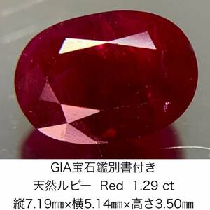 GIA宝石鑑別書付き 天然 ルビー　 Red 1.29ct 縦7.19×横5.14×高さ3.50　734Y
