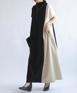 do Le Mans sleeve mok neck dress * new goods * large size * jersey - knitted material. maxi height dress black & beige 