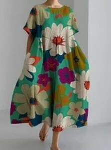 o floral print . vivid long height dress * new goods * large size * easy long height jersey - knitted short sleeves tunic dress lovely 