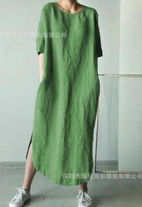  green. long height tunic dress * new goods * large size * cotton manner . minute sleeve maxi height dress 