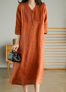  cotton flax material. long height dress * new goods * large size * front. tuck . stylish long height dress orange ...