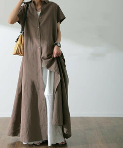  cotton flax material. maxi height dress * new goods * large size *do Le Mans sleeve rear gya The -. maxi height dress 