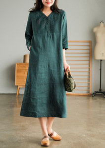  cotton flax material. long height dress * new goods * large size * front. tuck . stylish long height dress .. green.