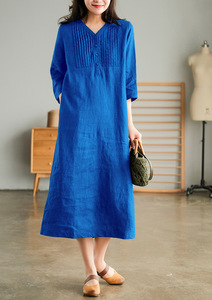  cotton flax material. long height dress * new goods * large size * front. tuck . stylish long height dress blue 