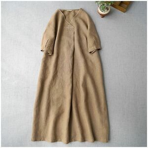  cotton manner material stitch . stylish long height dress * new goods * large size * simple . light brown group V neck tunic dress 