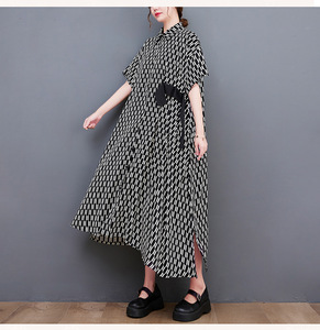  modern design. stylish bit pattern dress * new goods * large size * side ribbon . accent . long height shirt dress 