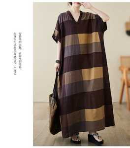  tea color check . lovely V neck. maxi height dress * new goods * large size * cotton manner summer material. maxi dress 