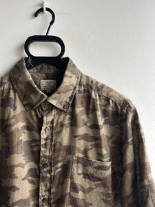 [ beautiful goods ]GREEN LABEL RELAXINGlinen shirt short sleeves men's M camouflage pattern khaki flax 100% button down green lable lilac comb ng