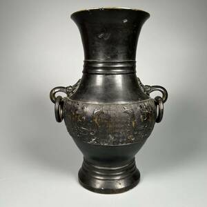 時代　唐銅　遊環　花瓶　花入　銅製　唐物　中国古美術　花瓶 花器 時代物 二つ耳付き