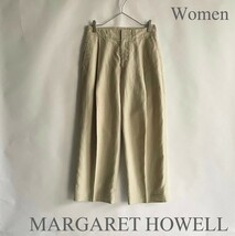 【美品】 MARGARET HOWELL 日本製 マーガレットハウエル パンツ リネン ワイド タック トラウザーズ センタープレス ベージュ size Ⅱ sk_画像1