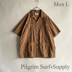 【美品】Pilgrim Surf＋Supply ピルグリムサーフサプライ オープンカラーシャツ キューバシャツ ボックスシルエット ブラウン size L sk