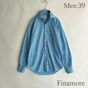 【美品】Finamore イタリア製 フィナモレ シャツ ブロックチェック ギンガムチェック ドレスシャツ カッタウェイ ブルー size 15 1/2 39 sk