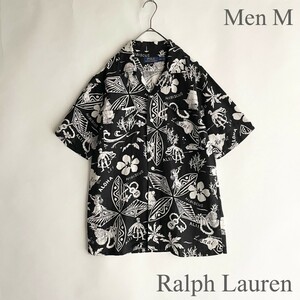 【美品】 Ralph Lauren 希少 ラルフローレン アロハシャツ シルク×リネン オープンカラー シャツ 半袖シャツ 黒ボディ 黒×白 size M sk